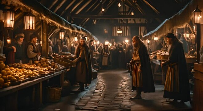 People in a medieval market.
