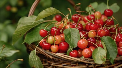 Obraz premium A basket of freshly picked cherries with leaves attached.
