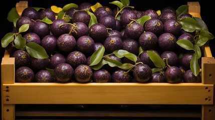A wooden crate filled with fresh, ripe purple passion fruits, surrounded by green leaves. 