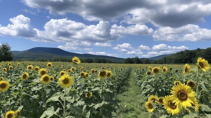 Obraz premium Sunflowers in a field with bright yellow petals and vibrant green leaves reach towards a clear blue sky with fluffy white clouds, mountain range in the background