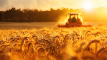 Fototapeta premium A close-up view of a field of ripe wheat swaying in the golden light of the setting sun, with a tractor harvesting the crop in the distance