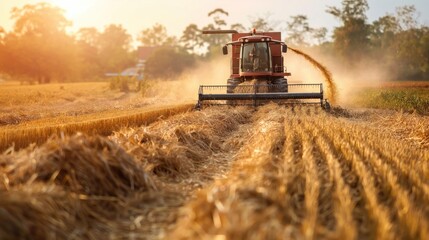 Fototapeta premium A red combine harvester harvests golden wheat in the setting sun, dust plumes rising as it gathers grain, leaving freshly cut stubble behind