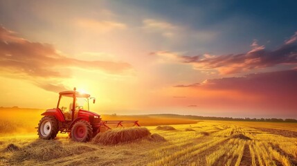 Obraz premium A red tractor rests in a field of golden hay under a vibrant sunset sky