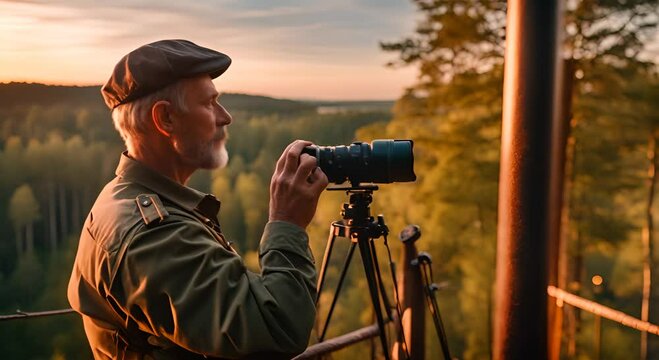 Forest guard on a watchtower in the forest.