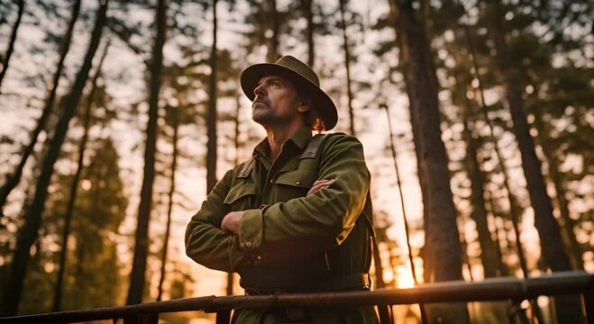 Forest guard on a watchtower in the forest.