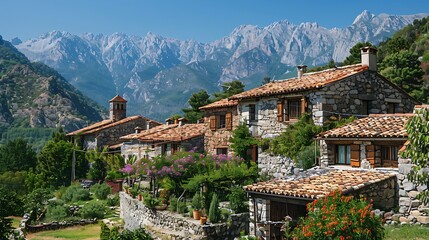 Obraz premium A charming village nestled in the mountains with a clear blue sky 