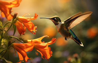 Naklejka premium Hummingbird Hovering Near an Orange Flower
