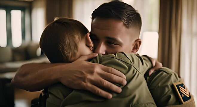 Soldier father hugging his son.