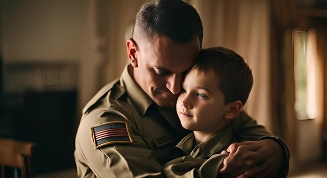 Soldier father hugging his son.