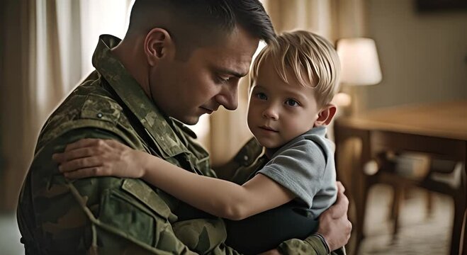 Soldier father hugging his son.