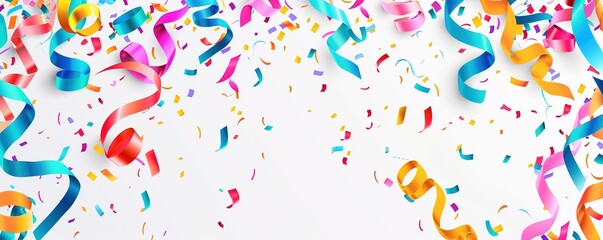 Colorful Confetti and Ribbons on White Background, Flat Lay Banner Design with Copy Space for Celebration or Partying Event, Hand Drawn Style
