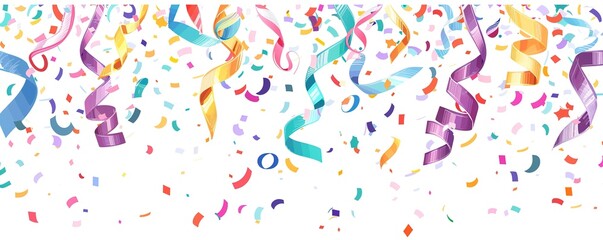 Colorful Confetti and Ribbons on White Background, Flat Lay Banner Design with Copy Space for Celebration or Partying Event, Hand Drawn Style
