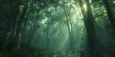 Obraz premium Mystical Forest with Tall Trees and Sunlight Rays