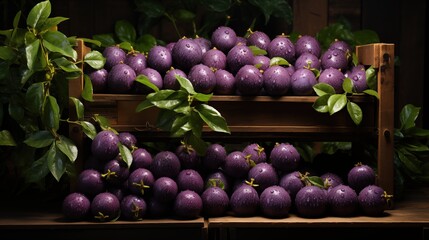 Wooden rack filled with an passion fruits, surrounded by green leaves. The fruits are round and glossy, creating a vibrant contrast with the natural wood and foliage. 