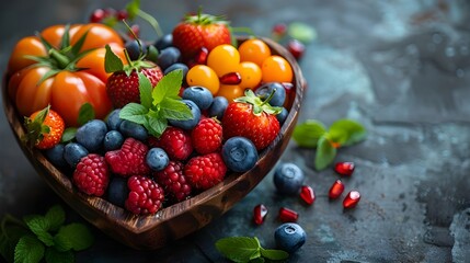 Naklejka premium fruits love nature background cheery blueberry pomegranate