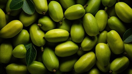 Green pawpaws scattered on a surface, with some leaves visible among them. The mangoes are in various shades of green, showcasing their fresh and ripe appearance background.