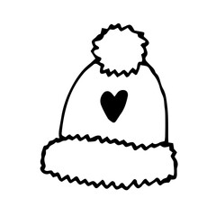 Warm hat with pom pom and heart ornament.White and black simple line vector design doodle elements.