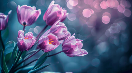 Fototapeta premium Beautiful colourful tulip flowers background in spring, Bouquet of pink tulips with lights at the background. Holiday card