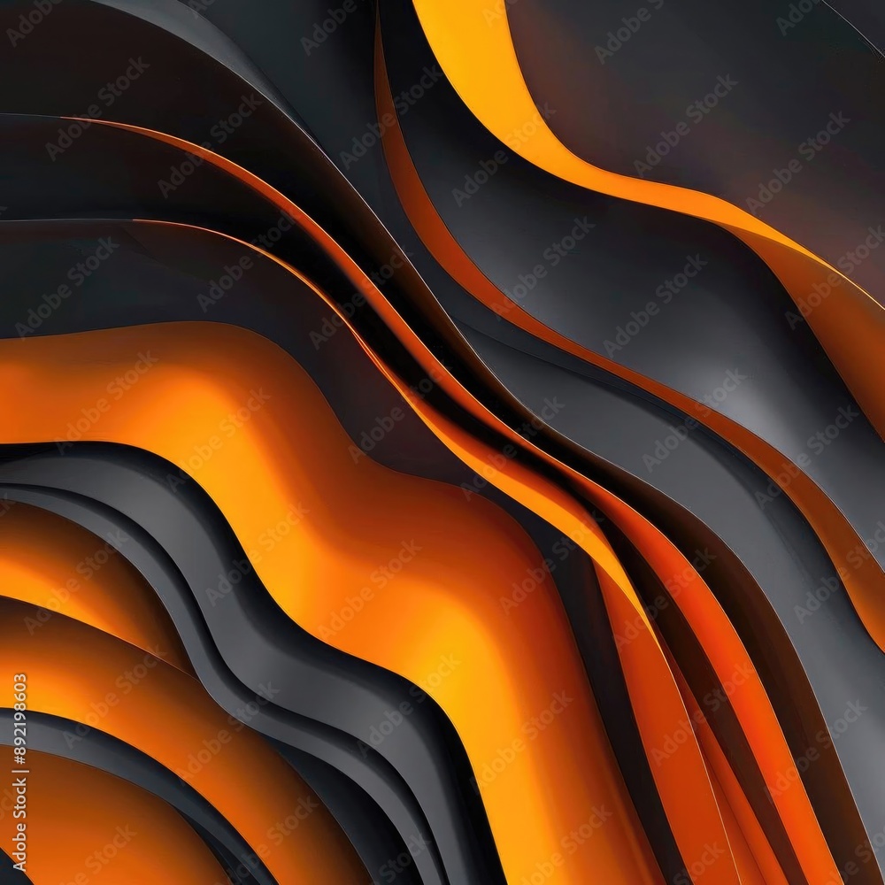 Poster 3d abstract design with bold orange waves and curves, set against a gradient black to dark grey back
