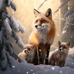 Fototapeta premium A family of red foxes in a snow-covered forest, sharing a joyful moment in the serene winter scene.