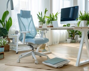 A desk setup with a footrest, promoting better posture for the employee