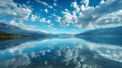 Fototapeta premium A calm lake reflecting the clouds in the sky and a distant mountain range.