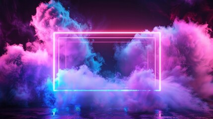 Abstract neon background with glowing rectangle shape and spinning cloud. Blank geometric frame
