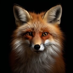 Obraz premium Close up portrait of a red fox isolated on a dark background. The fox has vibrant fur and bright, alert eyes, making it perfect for websites, blogs, and social media posts.