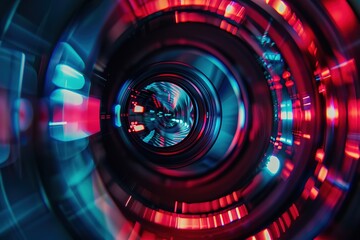  Close-Up of Video Camera Lens with Red and Blue Light Reflections, Capturing the Essence of Modern Technology