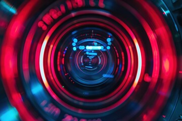  Close-Up of Video Camera Lens with Red and Blue Light Reflections, Capturing the Essence of Modern Technology