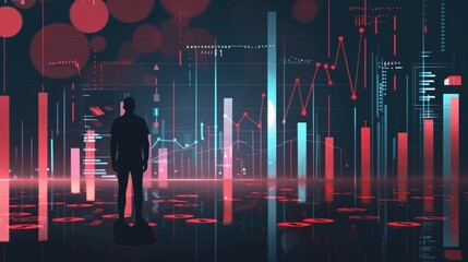 Silhouette of a person analyzing financial charts on a digital screen, representing stock market data and analytics.