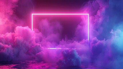 Naklejka premium Abstract neon background with glowing rectangle shape and spinning cloud. Blank geometric frame