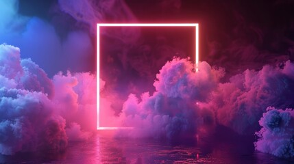 Abstract neon background with glowing rectangle shape and spinning cloud. Blank geometric frame