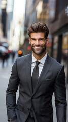 Fototapeta premium A man in a suit smiles confidently. AI.