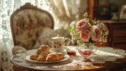 Naklejka premium Breakfast in a cozy veranda, on a wooden table, a cup of tea and crispy croissants, a bouquet of pink roses