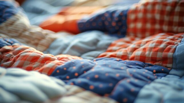 A close-up of a patchwork quilt with various patterns. AI.