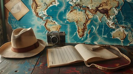 vacation, trip. Atmospheric photography in retro style, travel planning, an image of a notebook, a list of things for the road, a hat and a camera, a world map. 