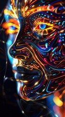 Fototapeta premium A Close-up Shot of a Layered faces with neon light patterns and overlays