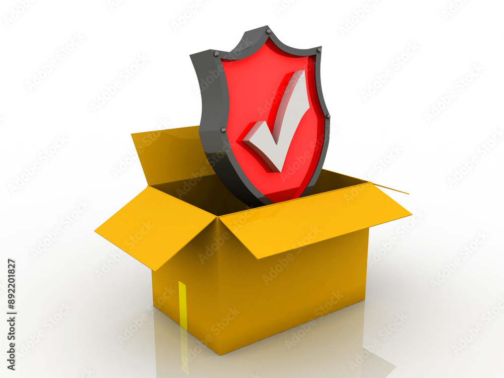 Poster 3d rendering cardboard boxes with shield