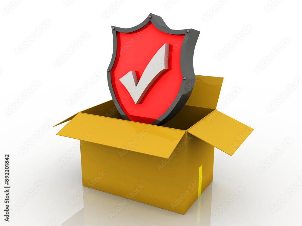 Poster 3d rendering cardboard boxes with shield
