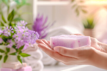 Naklejka premium Woman hands holding handmade soap in hands, surrounded by spring colorful fresh flowers