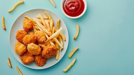 plate with chicken nuggets and french fries food on blue background