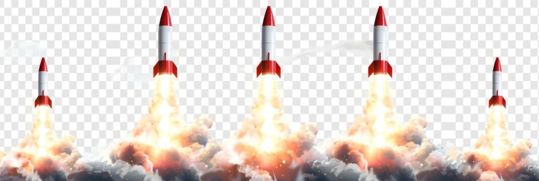 Set of missile rocket launch isolated on transparent