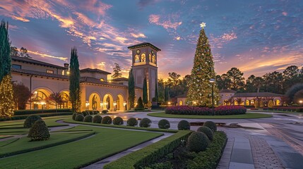 Obraz premium Luxury Mansion With Christmas Tree at Dusk