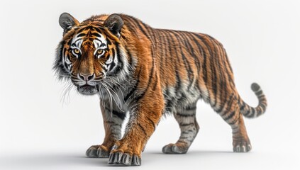 Obraz premium Striped Tiger Walking on a White Background