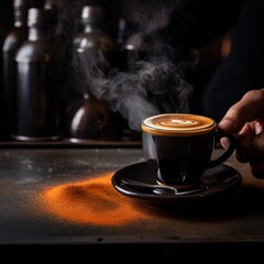 Fototapeta premium In a modern cafe, a barista meticulously crafts a cappuccino with intricate latte art. The elegant black backdrop enhances the mesmerizing swirls of steam, creating an inviting ambiance.