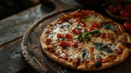 Selective focus on a dark wood backdrop showcasing pizza