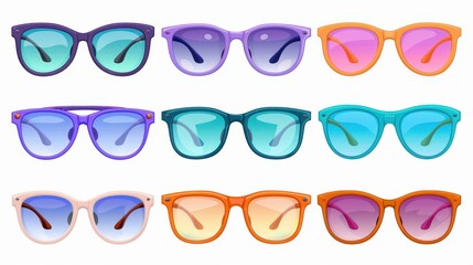 Diverse vector icons of glasses, sunglasses on white background. Different models depicted with unique silhouettes.