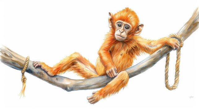 A lively monkey swinging from a branch in colorful watercolor, beautifully illustrated on a white background.