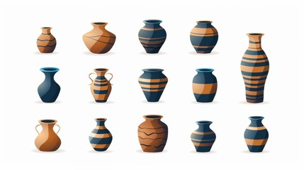 Unique ancient pottery set with handdrawn ceramic vases, jars, and amphoras in abstract shapes.